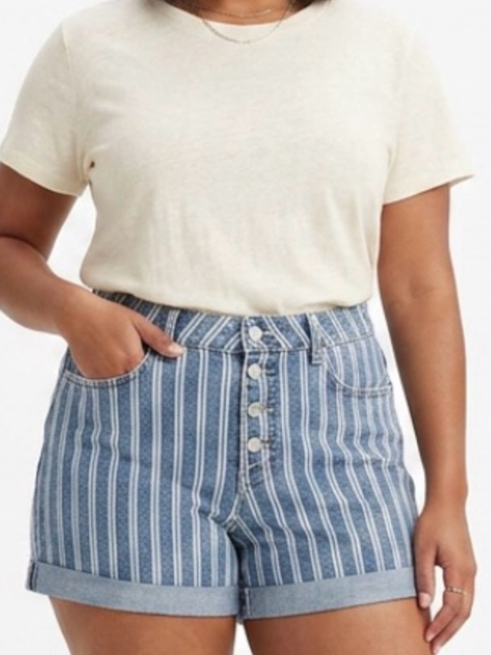 Vintage Jordache High-Waist Blue Stripe Button-Front Denim Shorts